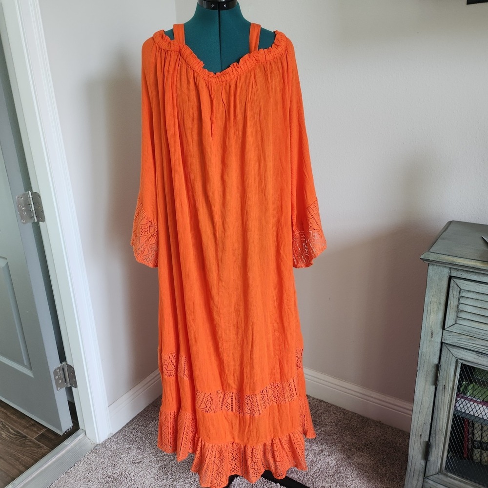 June + Vie Maxi Dress Women 2X Orange Cold Shoulder Lace Cotton Boho Sun Dress